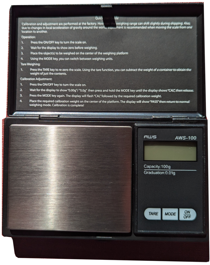 AWS-100 pocket scale opened up to show features