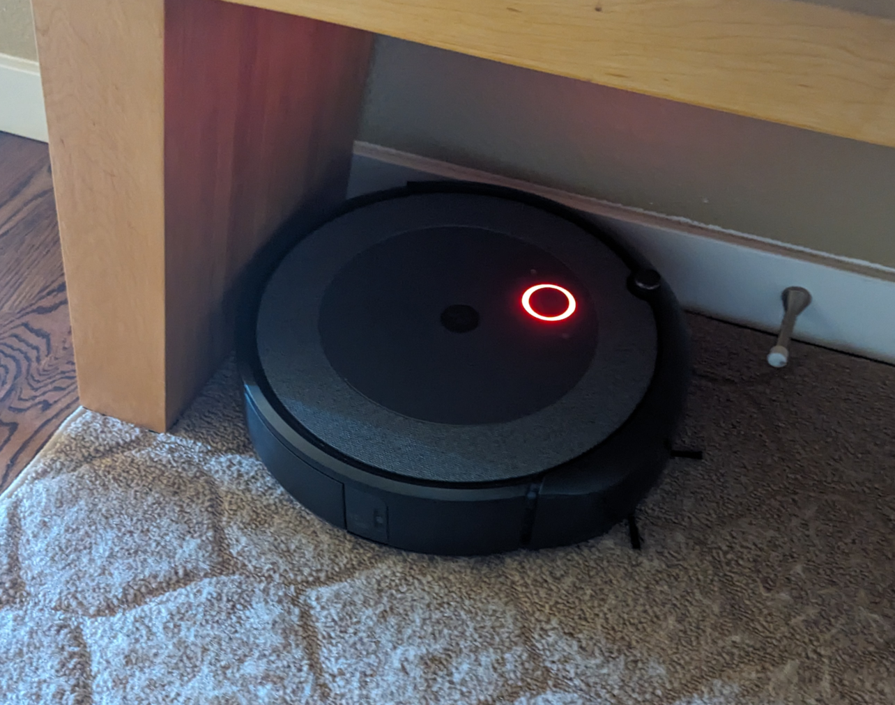 Dobby the Roomba stuck under a small bench