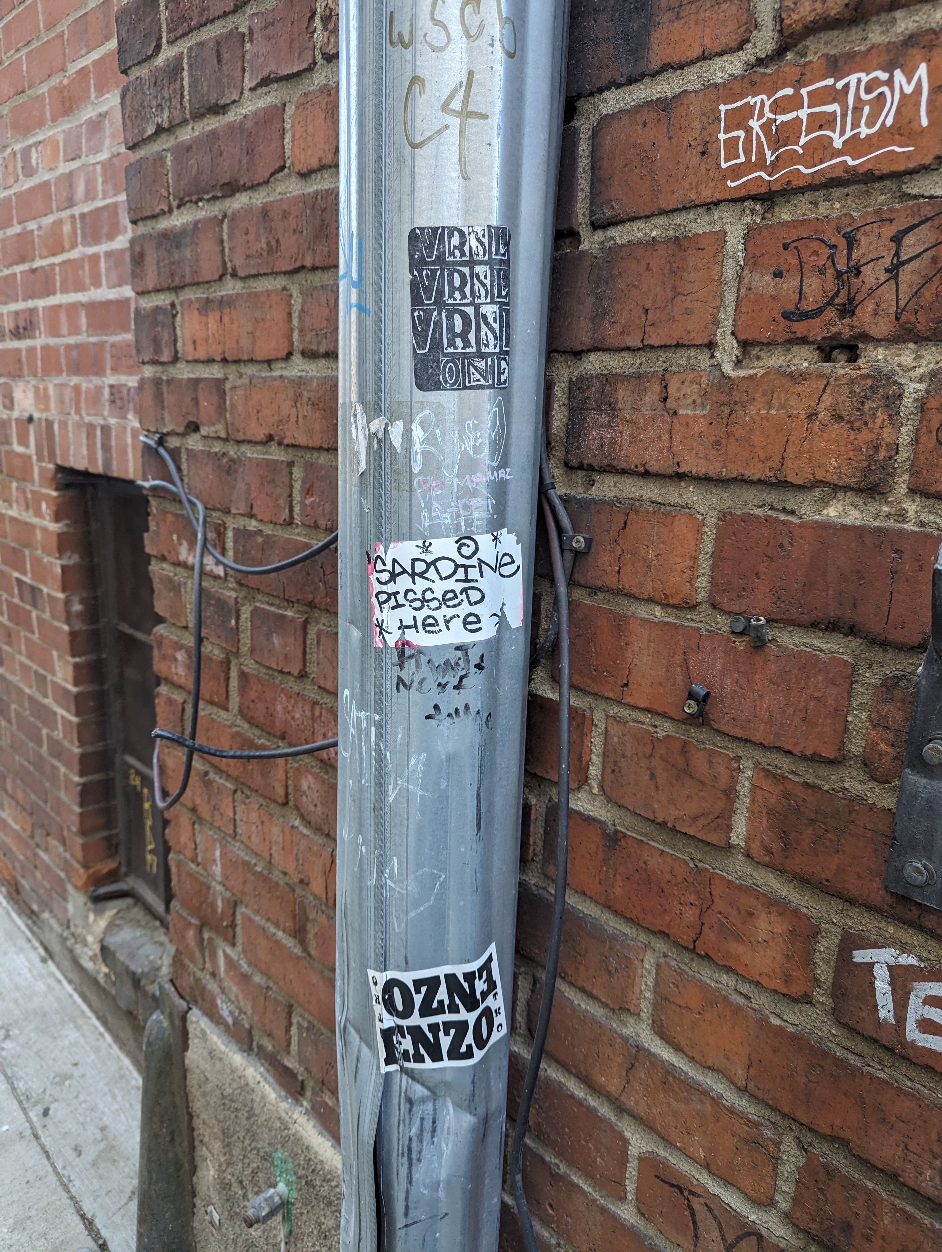 graffiti on a down pipe that says “SARDINE PISSED HERE”